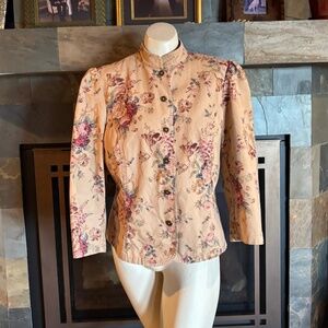 Cottage Core CHAPS Denim Pink Victorian Roses Canvas Nehru Jacket L